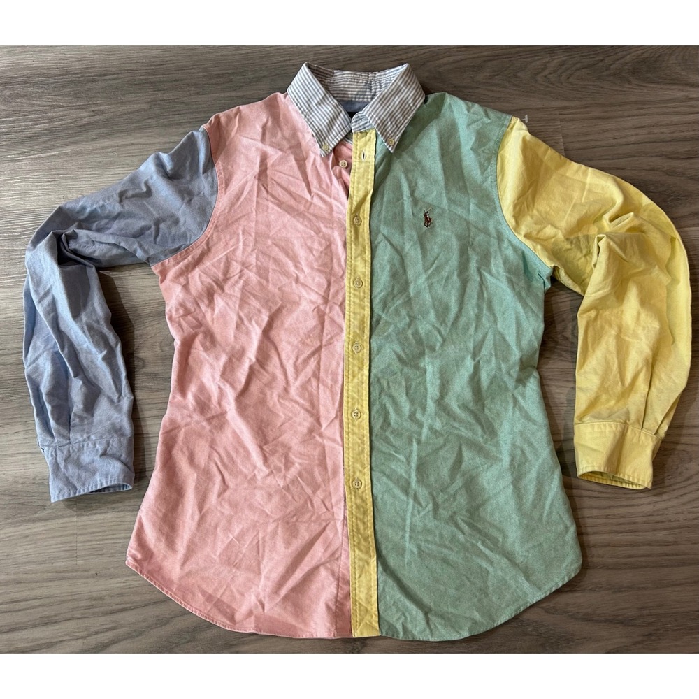Ralph Lauren Womens Colorblock Oxford Cotton Shirt L Multi Pastel Custom Fit